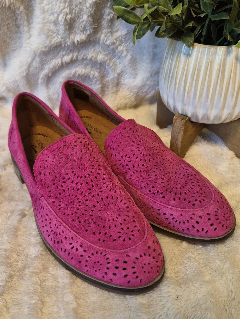 Clarks Magenta Suede Laser-Cut Loafers